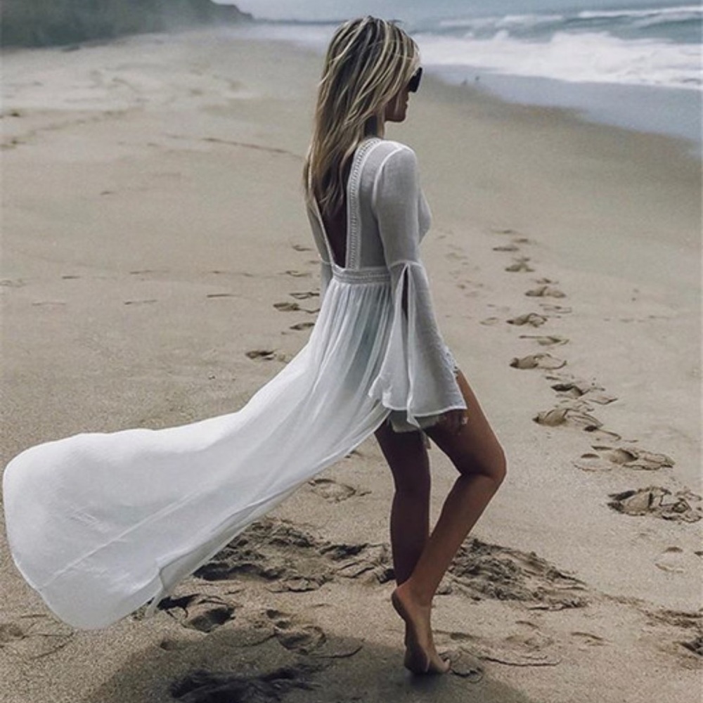 New Boho Beach Coverup Tie Waist Lace Trim Maxi Length Bell Sleeve Open Back - Picture 9 of 9